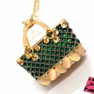 Green Enamel Lady Bag Opal Crystal Sweater Necklace NWOT